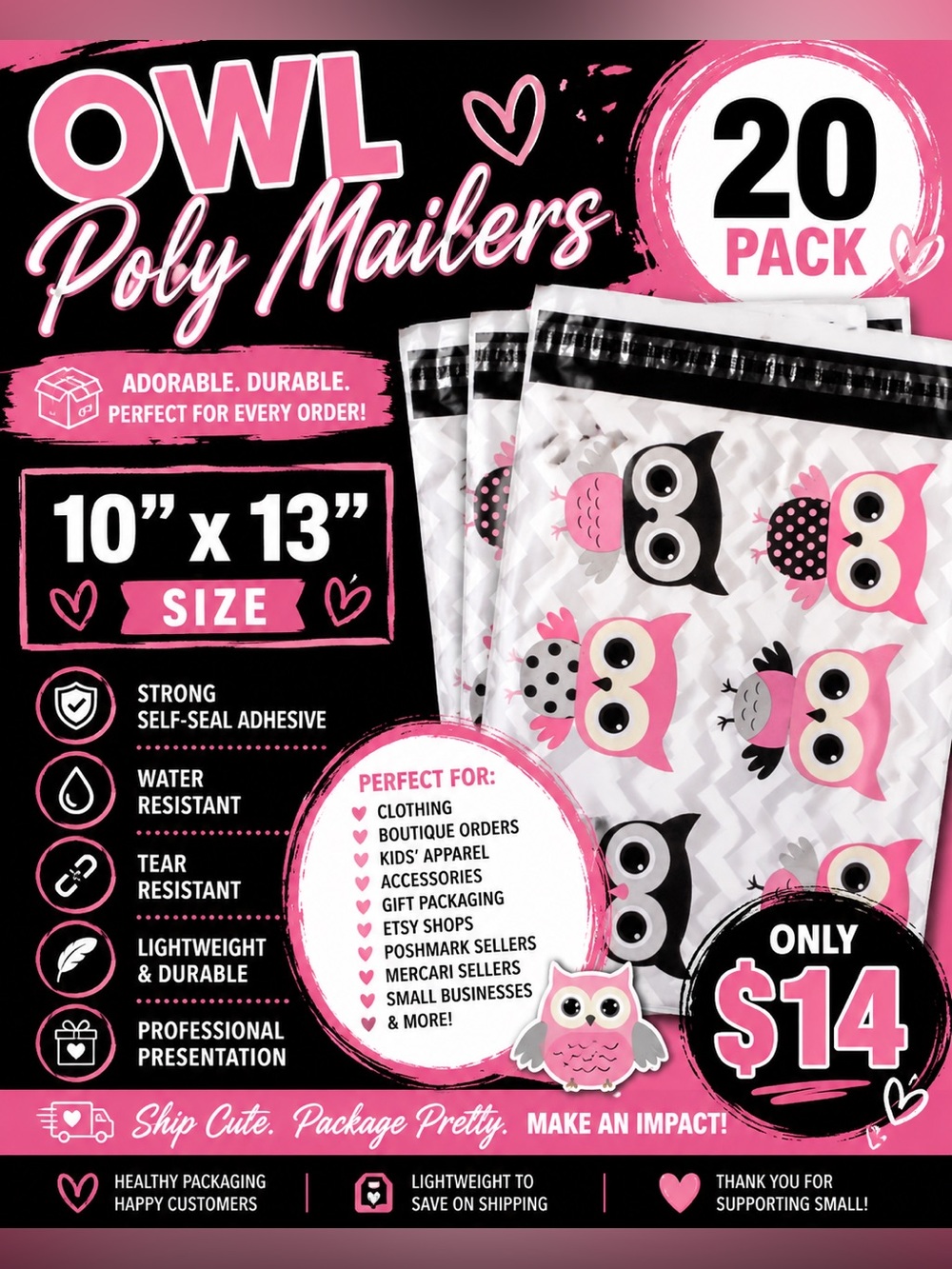 ★ 20 Owl Poly Mailers 10x13 Cute Boutique Shipping Bags Pink Black